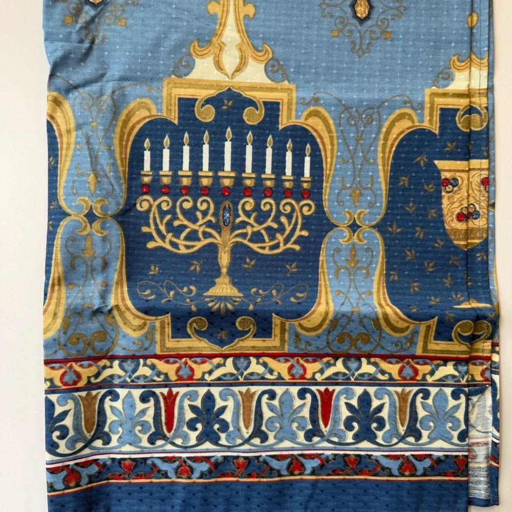 Vintage Wilton Court Hanukkah Tablecloth 52x52 Menorah Star of David Blue Gold